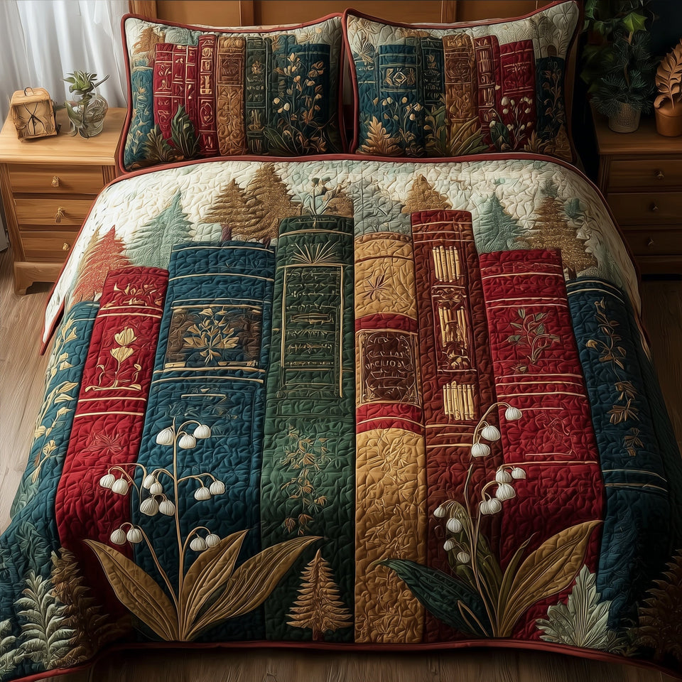 Lily Of The Valley Bookworm Evergreen Shelf quilted bedding set, quilt and two pillow shams on a made bed