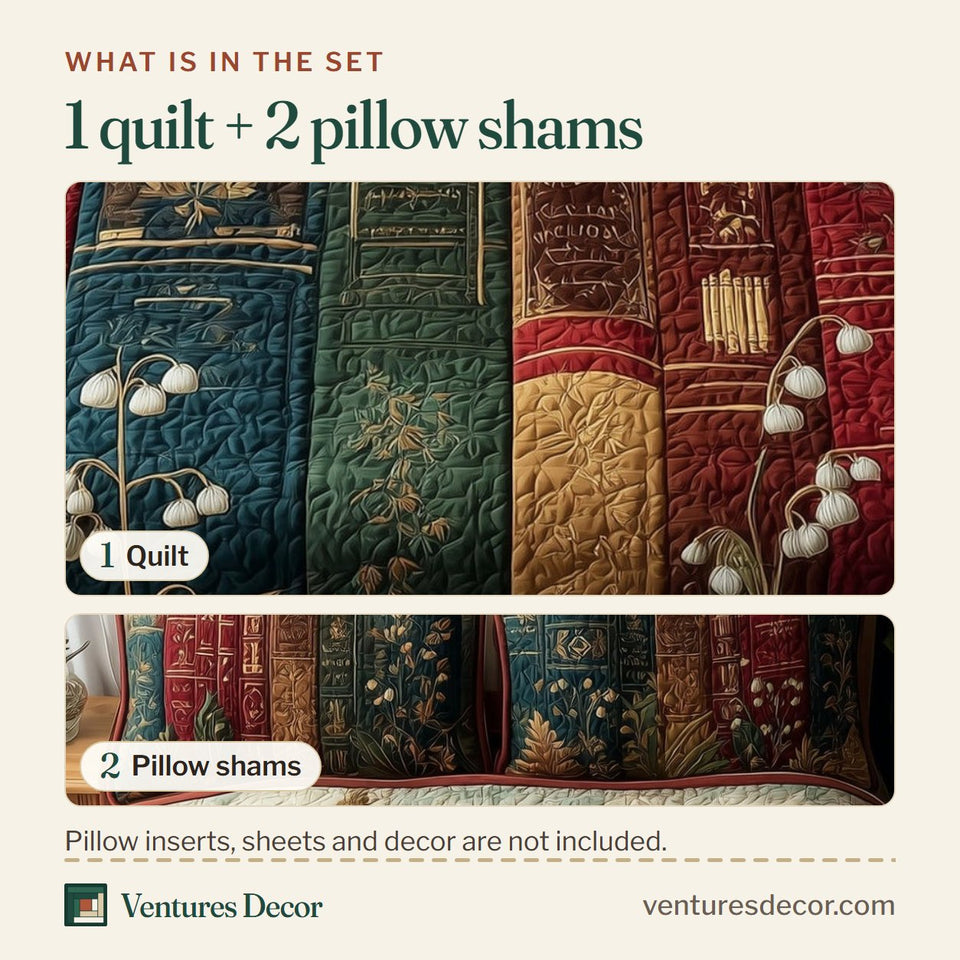 What is in the set: one quilt and two pillow shams, shown in the Lily Of The Valley Bookworm Evergreen Shelf design