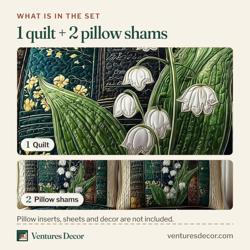 What is in the set: one quilt and two pillow shams, shown in the Lily of the Valley Library Bells on Dark Spines design