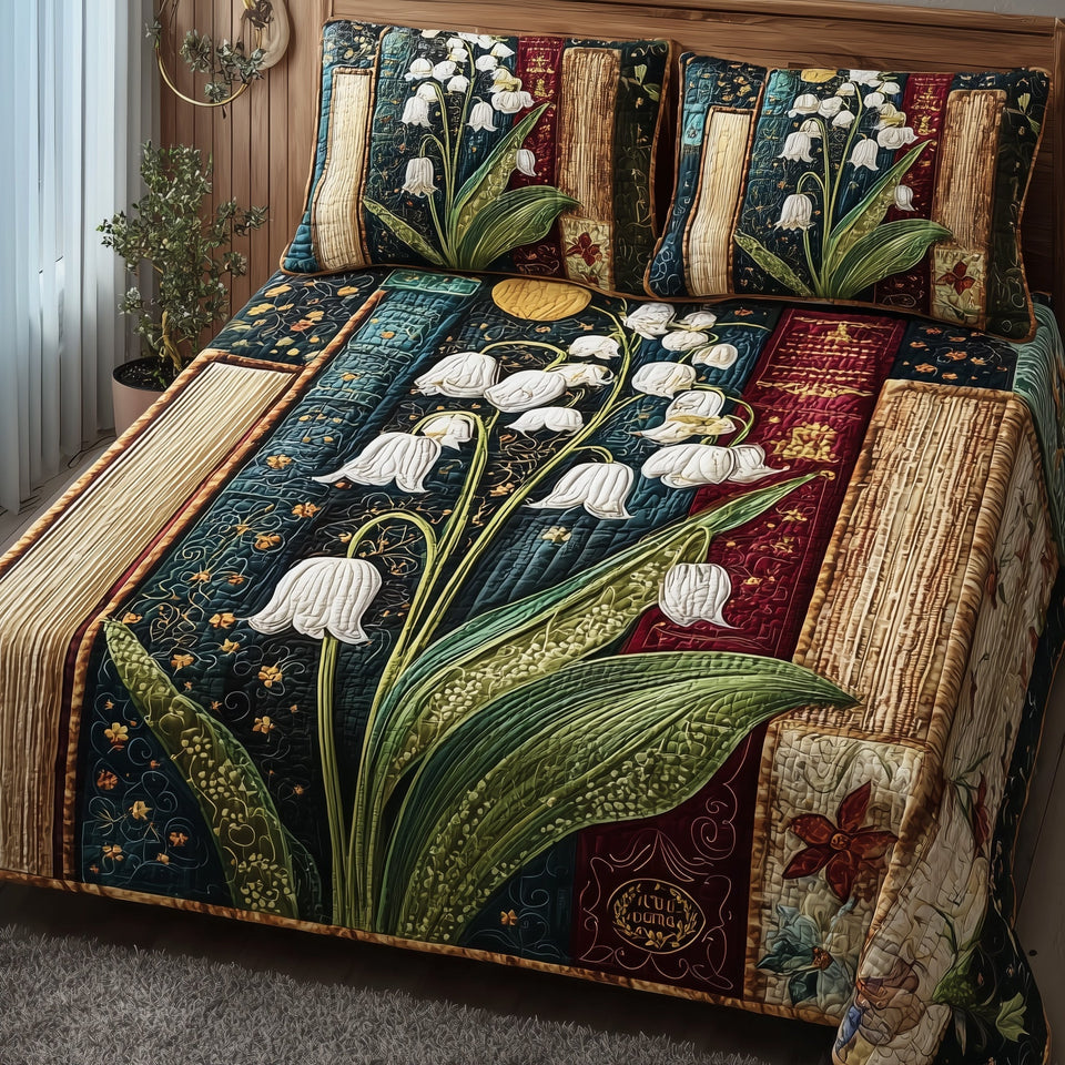 Lily of the Valley Library Gold Moon and Patterned Books quilted bedding set, quilt and two pillow shams on a made bed