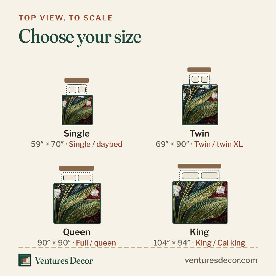 Size guide for the Lily of the Valley Library Gold Moon and Patterned Books quilt, top view to scale: Single 59 x 70 in, Twin 69 x 90 in, Queen 90 x 90 in, King 104 x 94 in