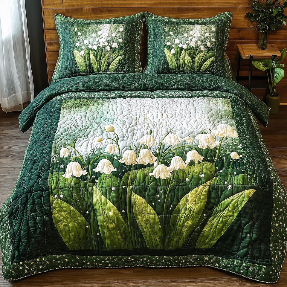 Lily Of The Valley Vibe Cream Panel Bells quilted bedding set, quilt and two pillow shams on a made bed