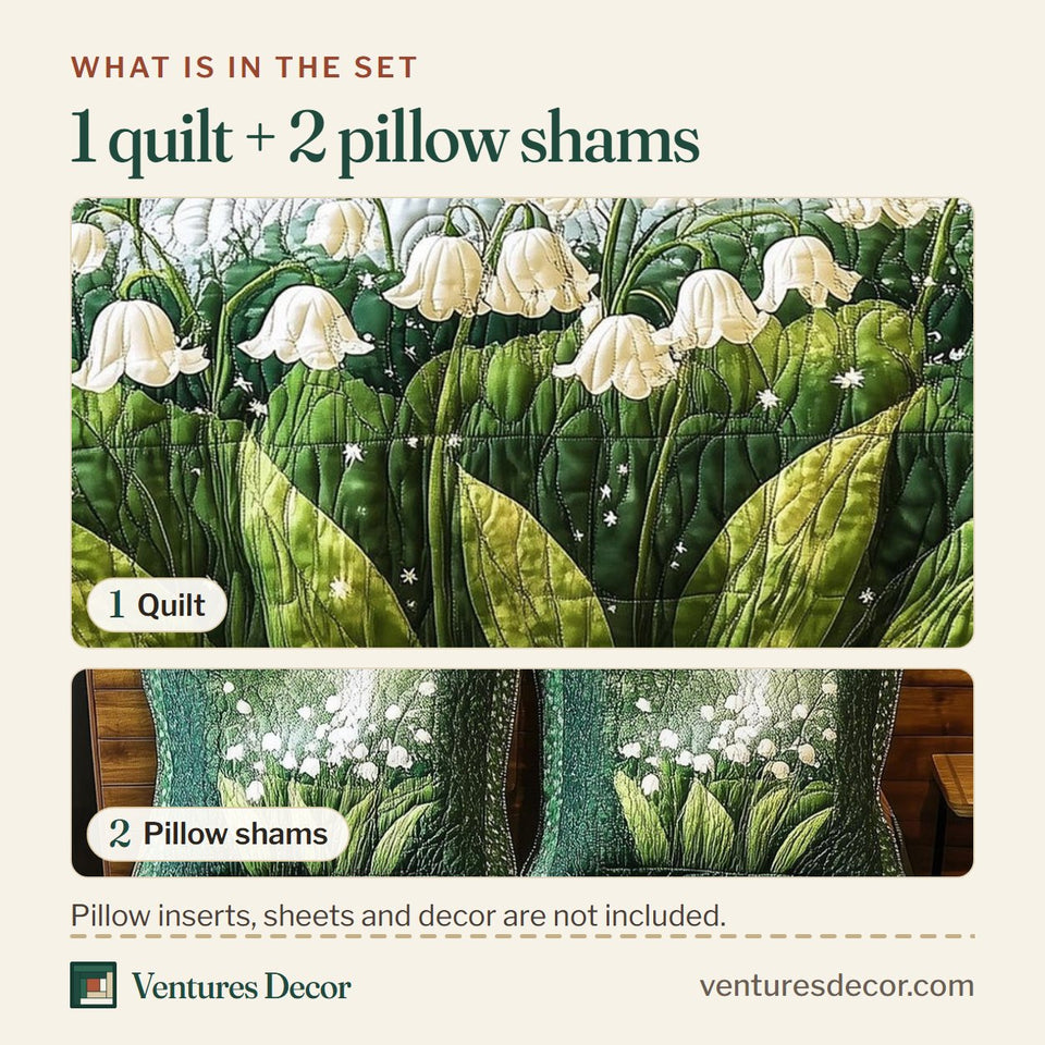 What is in the set: one quilt and two pillow shams, shown in the Lily Of The Valley Vibe Cream Panel Bells design