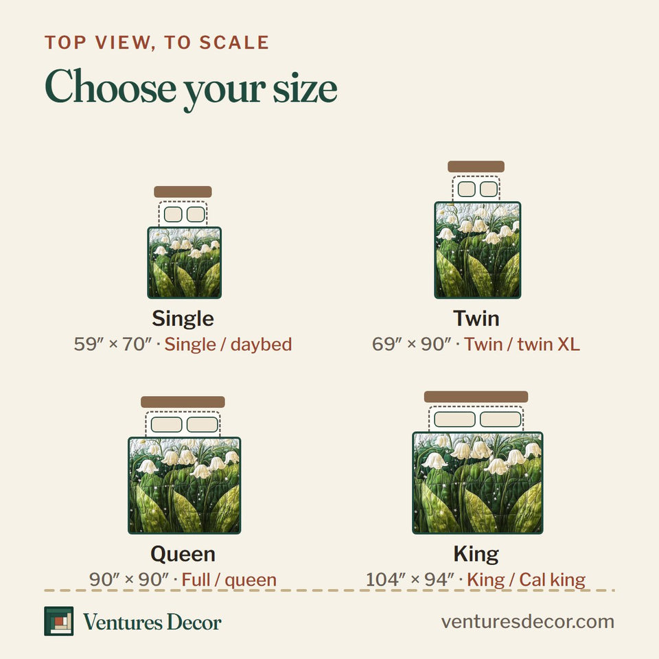 Size guide for the Lily Of The Valley Vibe Cream Panel Bells quilt, top view to scale: Single 59 x 70 in, Twin 69 x 90 in, Queen 90 x 90 in, King 104 x 94 in