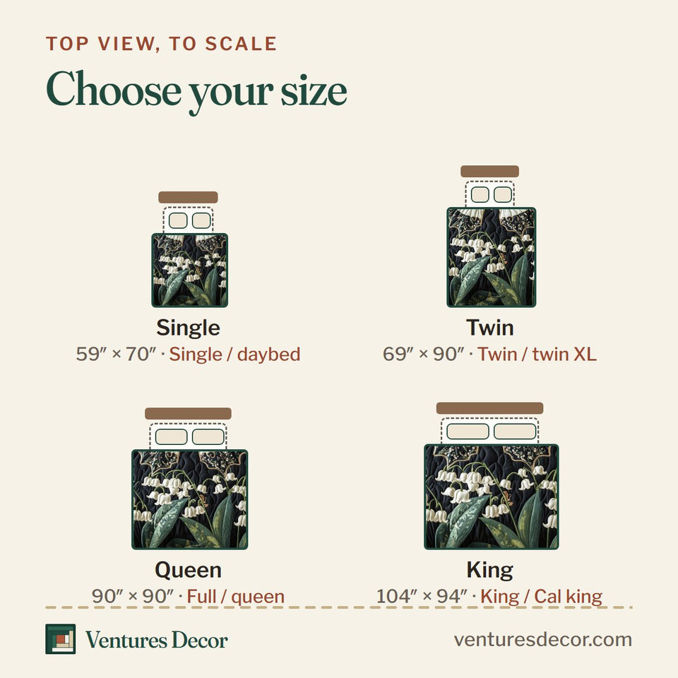Size guide for the Lily of The Valley White Butterfly On Black quilt, top view to scale: Single 59 x 70 in, Twin 69 x 90 in, Queen 90 x 90 in, King 104 x 94 in