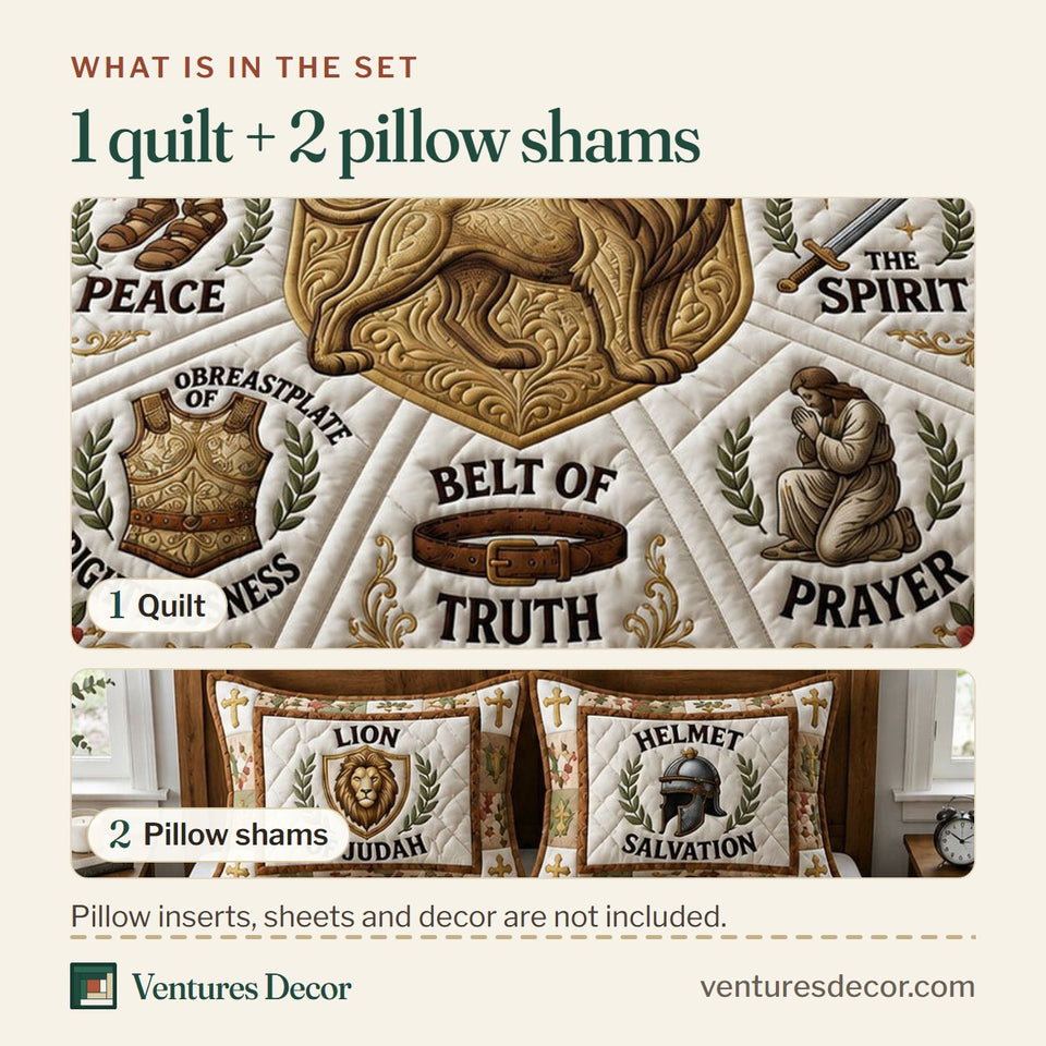 What is in the set: one quilt and two pillow shams, shown in the Lion Of Judah Armor Of God design