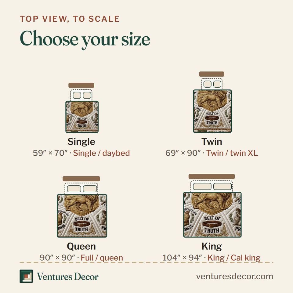 Size guide for the Lion Of Judah Armor Of God quilt, top view to scale: Single 59 x 70 in, Twin 69 x 90 in, Queen 90 x 90 in, King 104 x 94 in