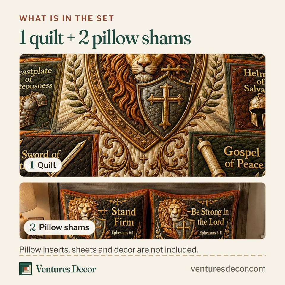 What is in the set: one quilt and two pillow shams, shown in the Lion Of Judah Armor design
