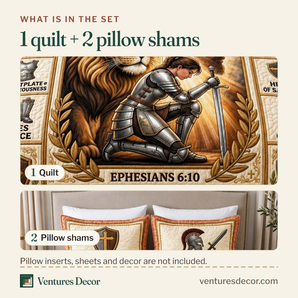 What is in the set: one quilt and two pillow shams, shown in the Lion Prayer Warrior design