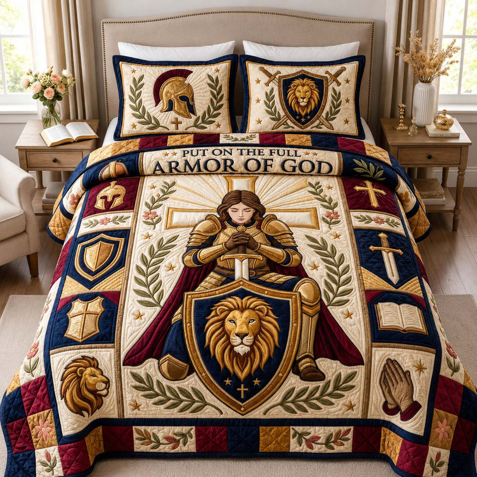 Lion Shield Warrior quilted bedding set, quilt and two pillow shams on a made bed