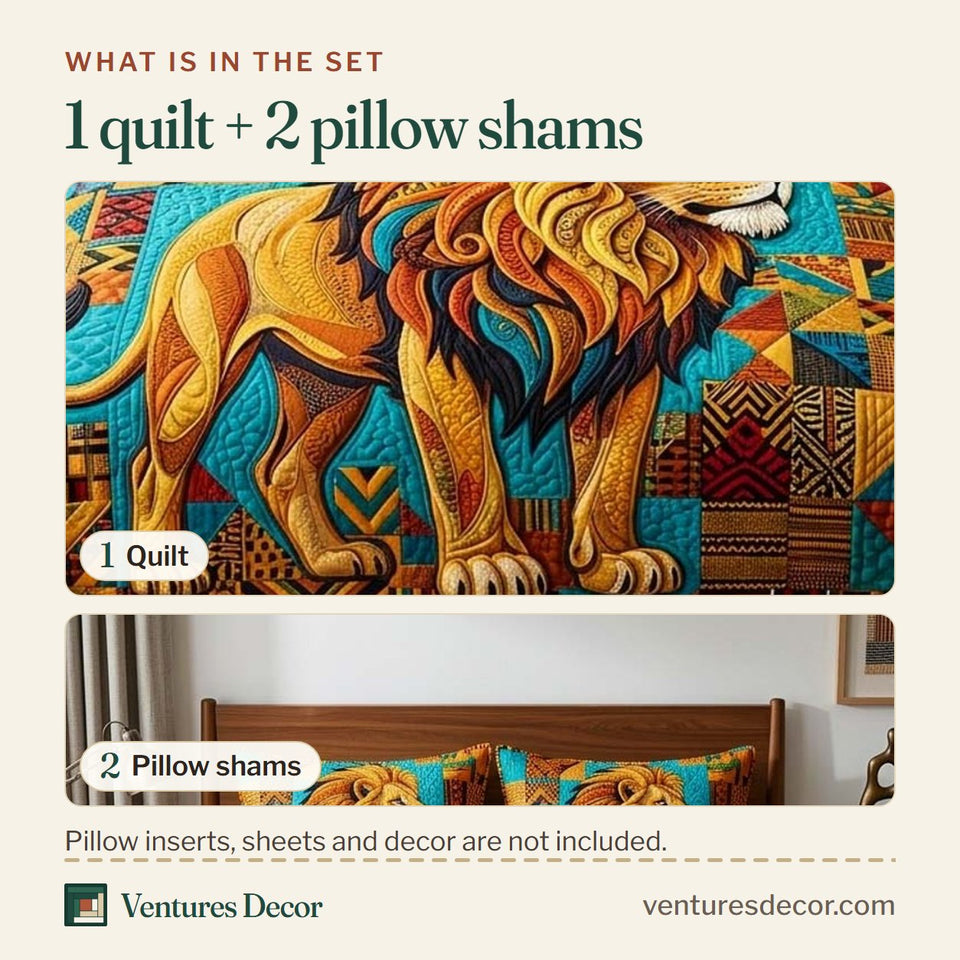 What is in the set: one quilt and two pillow shams, shown in the Lion Tribe design