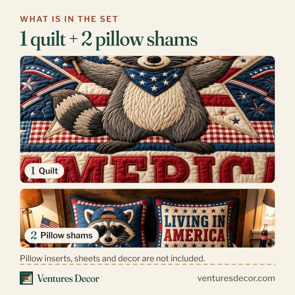 What is in the set: one quilt and two pillow shams, shown in the Living In America design