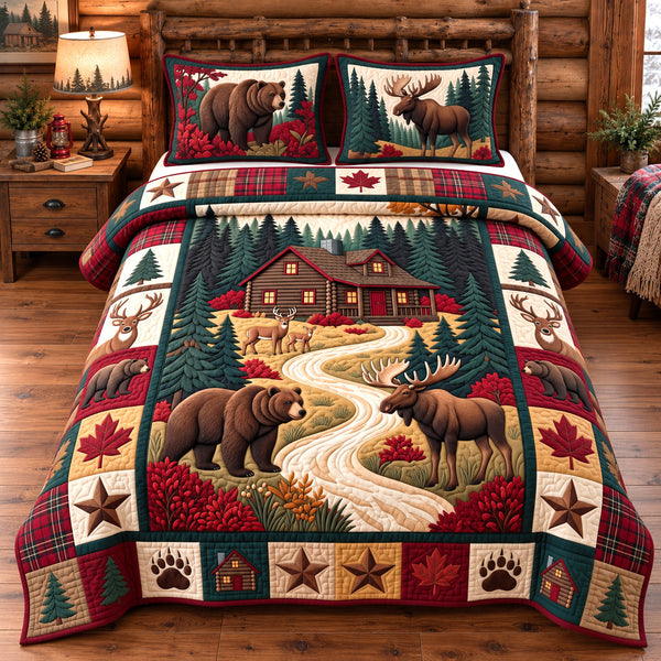 Lodge Forest Patchwork quilted bedding set, quilt and two pillow shams on a made bed