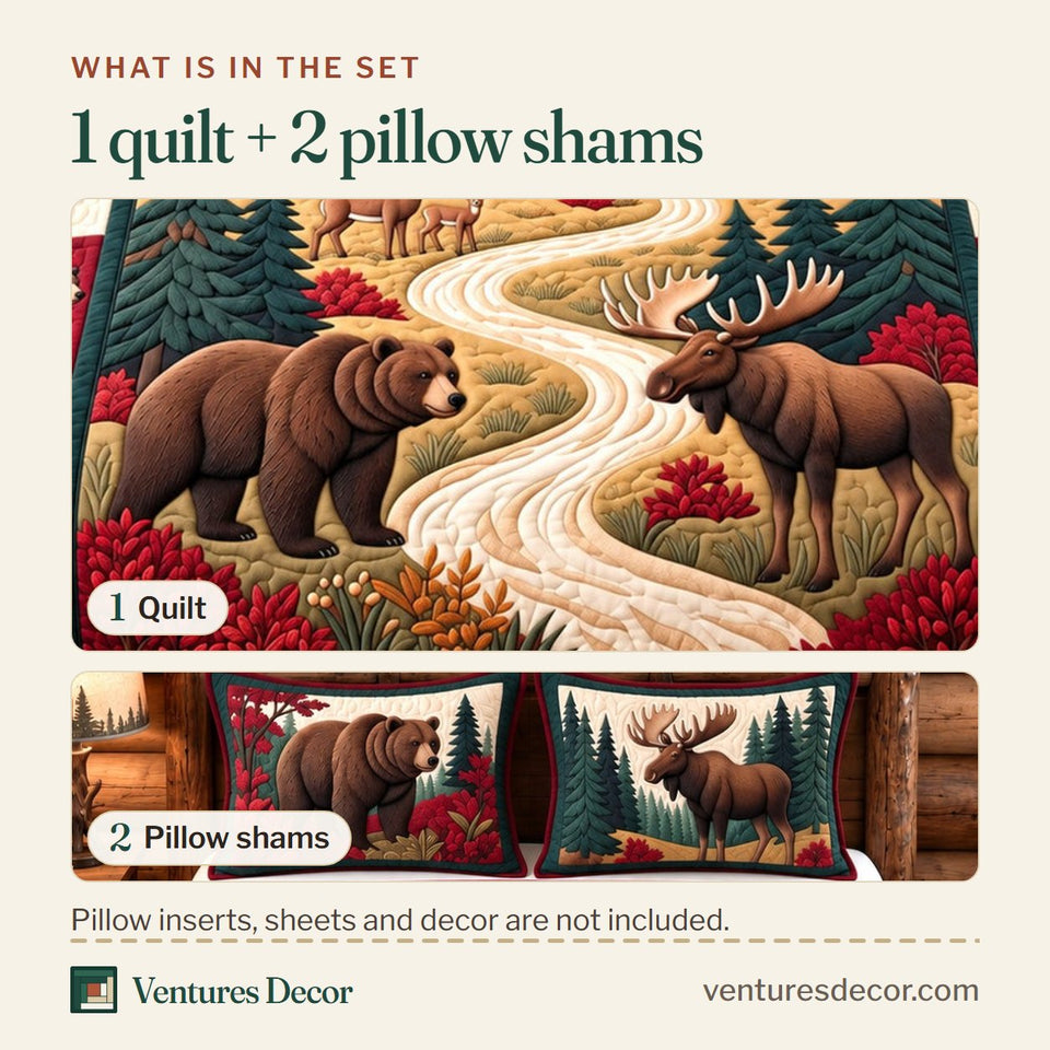 What is in the set: one quilt and two pillow shams, shown in the Lodge Forest Patchwork Quilt Set, 3-Piece Quilted Bedding with 2 Pillow Shams design