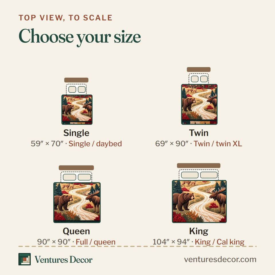 Size guide for the Lodge Forest Patchwork Quilt Set, 3-Piece Quilted Bedding with 2 Pillow Shams quilt, top view to scale: Single 59 x 70 in, Twin 69 x 90 in, Queen 90 x 90 in, King 104 x 94 in