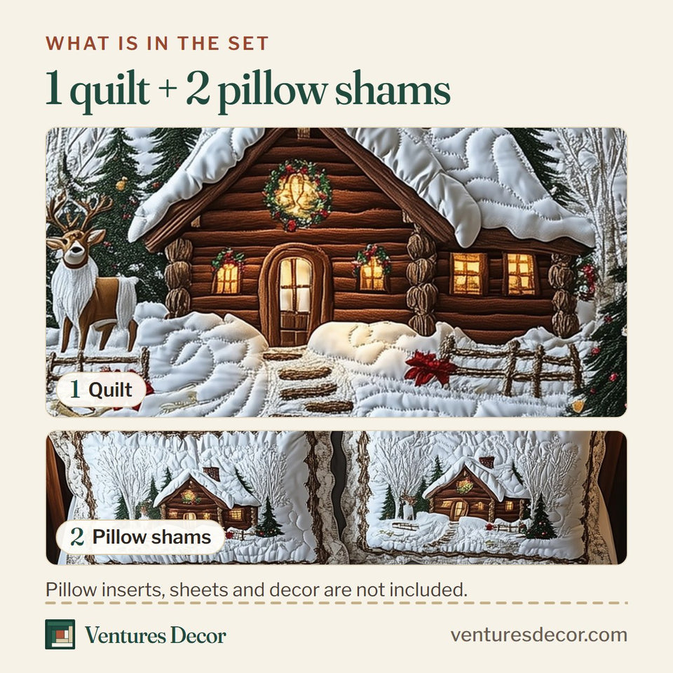 What is in the set: one quilt and two pillow shams, shown in the Log Cabin Winter Wonder design