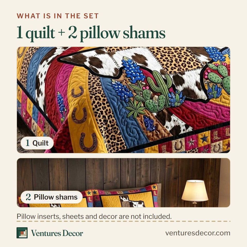 What is in the set: one quilt and two pillow shams, shown in the Lone Star Legacy Cowhide and Leopard Blocks design