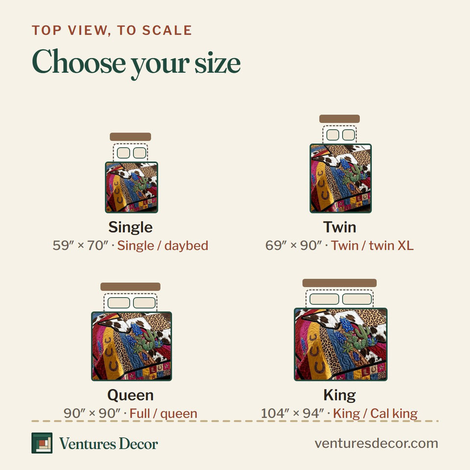 Size guide for the Lone Star Legacy Cowhide and Leopard Blocks quilt, top view to scale: Single 59 x 70 in, Twin 69 x 90 in, Queen 90 x 90 in, King 104 x 94 in