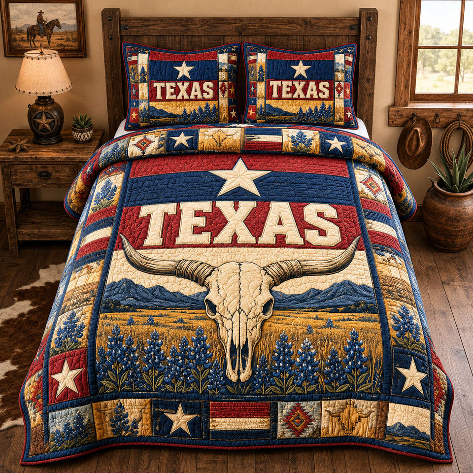 Lone Star Longhorn quilted bedding set, quilt and two pillow shams on a made bed