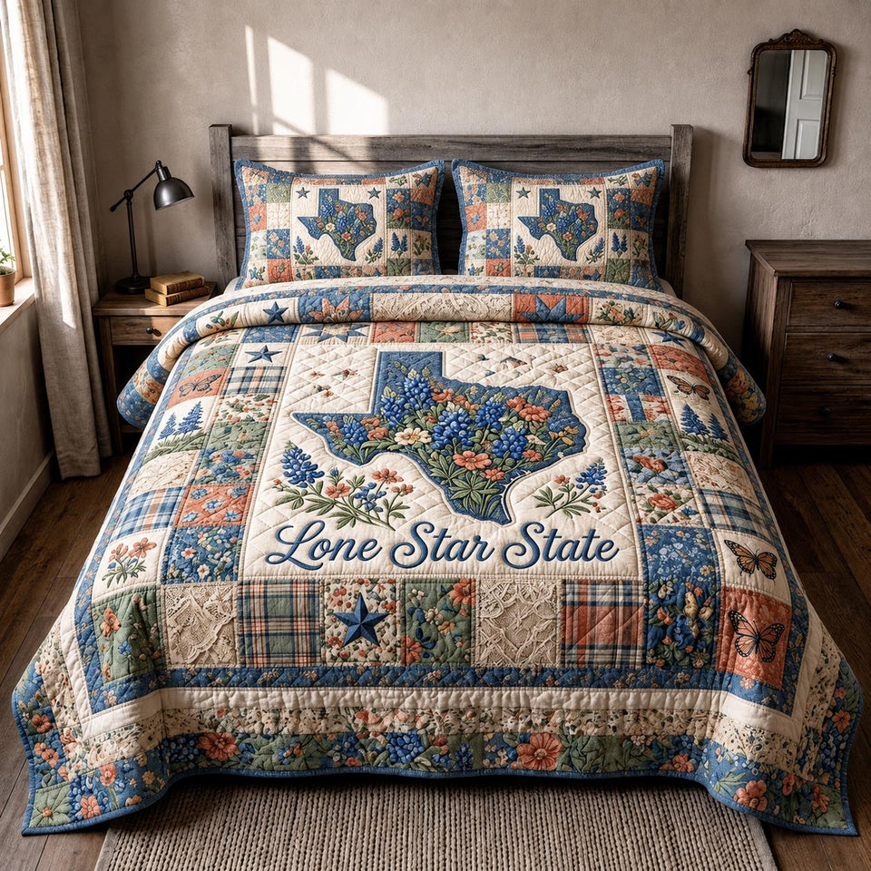 Lone Star State Patch quilted bedding set, quilt and two pillow shams on a made bed