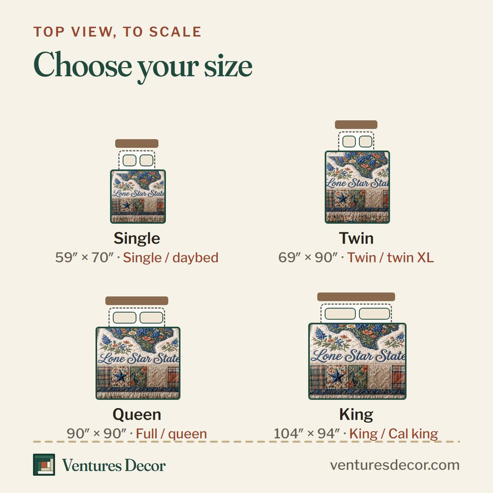 Size guide for the Lone Star State Patch quilt, top view to scale: Single 59 x 70 in, Twin 69 x 90 in, Queen 90 x 90 in, King 104 x 94 in