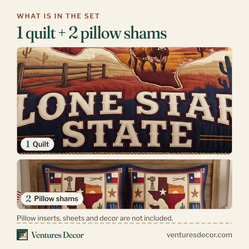What is in the set: one quilt and two pillow shams, shown in the Lone Star State Texas design
