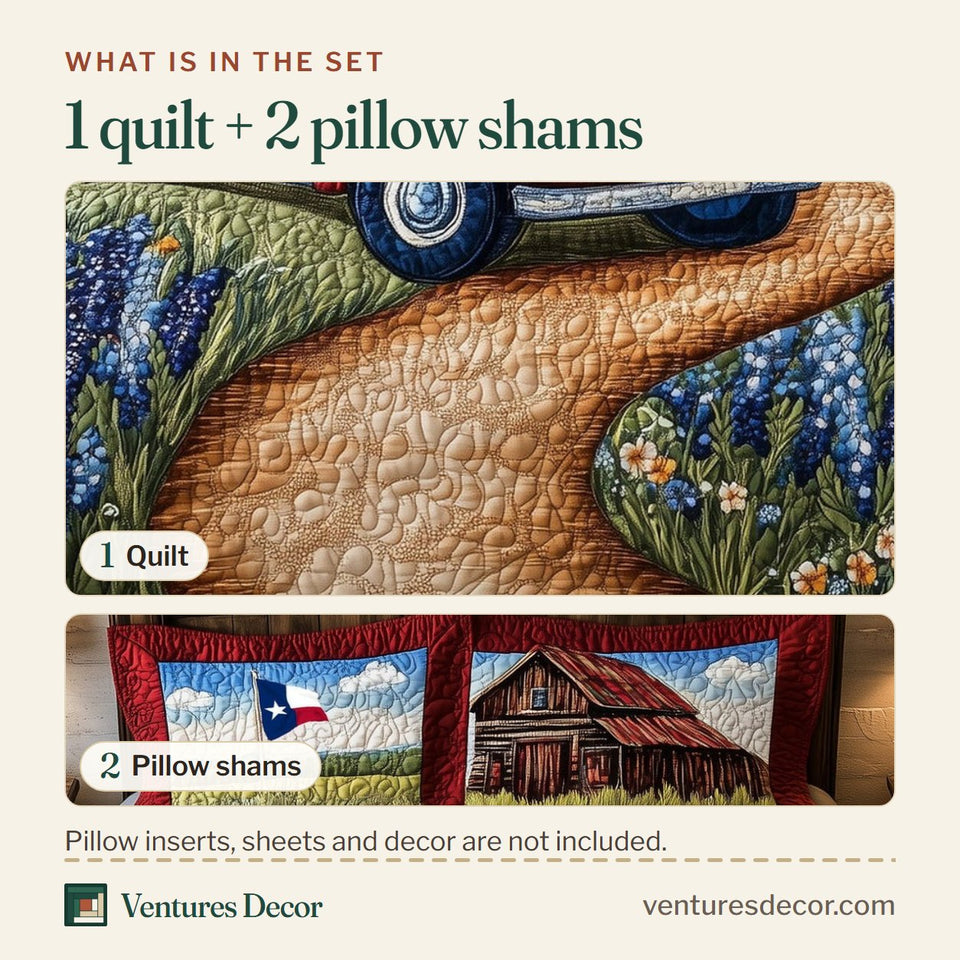 What is in the set: one quilt and two pillow shams, shown in the Lone Star Truck on the Winding Path design