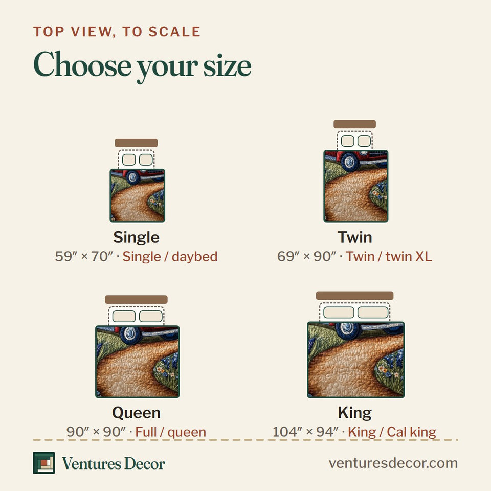 Size guide for the Lone Star Truck on the Winding Path quilt, top view to scale: Single 59 x 70 in, Twin 69 x 90 in, Queen 90 x 90 in, King 104 x 94 in
