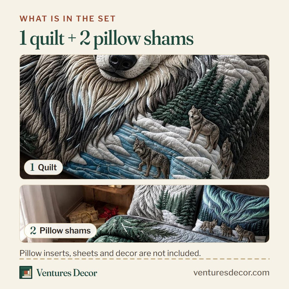 What is in the set: one quilt and two pillow shams, shown in the Lone Wolf design