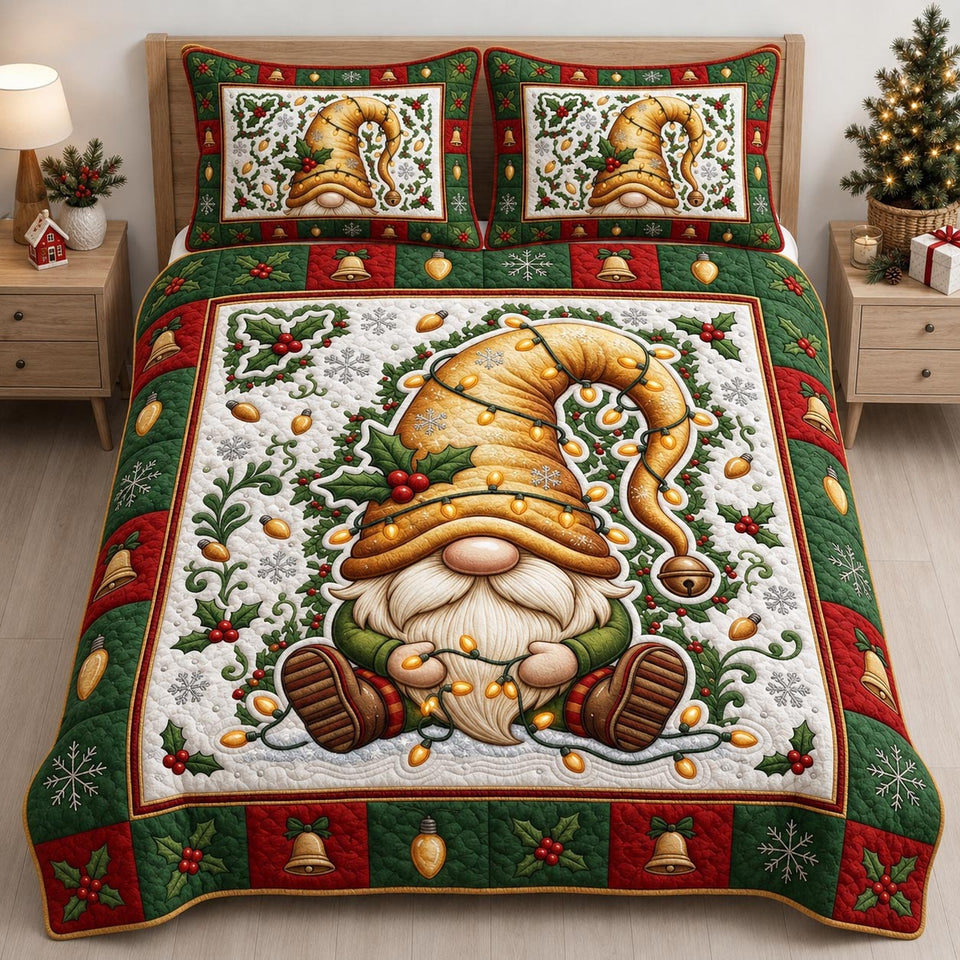 Long Beard Gnome in Holly quilted bedding set, quilt and two pillow shams on a made bed