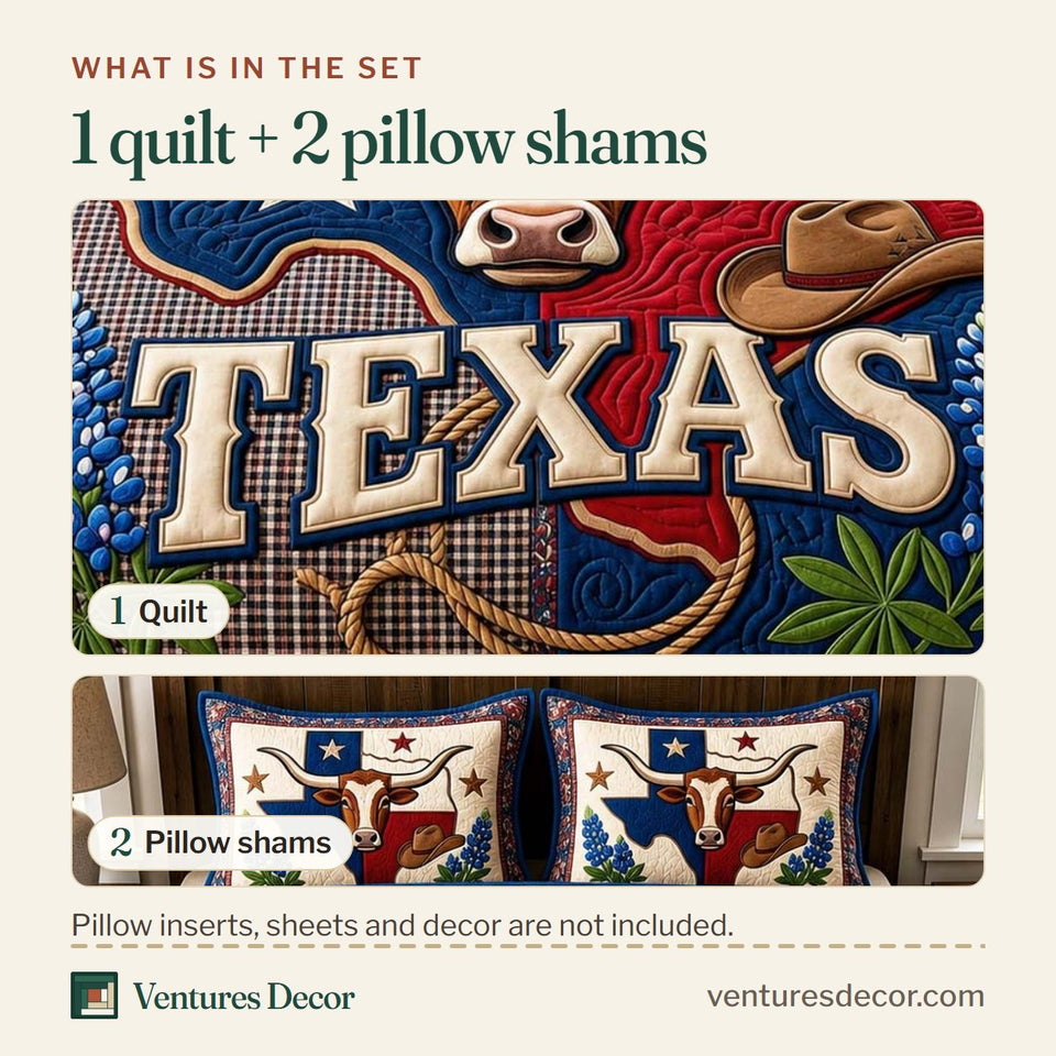What is in the set: one quilt and two pillow shams, shown in the Longhorn Bloom design