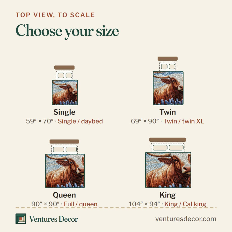 Size guide for the Longhorn Cattle Close Up In Bluebonnets quilt, top view to scale: Single 59 x 70 in, Twin 69 x 90 in, Queen 90 x 90 in, King 104 x 94 in