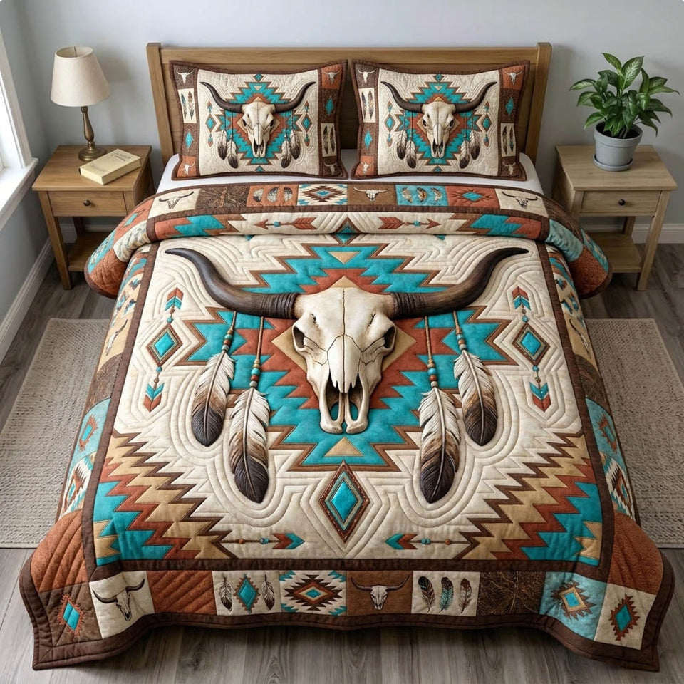 Longhorn Skull Feathers quilted bedding set, quilt and two pillow shams on a made bed