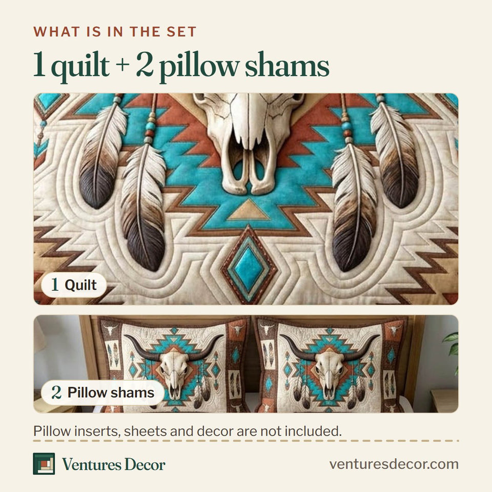 What is in the set: one quilt and two pillow shams, shown in the Longhorn Skull Feathers design
