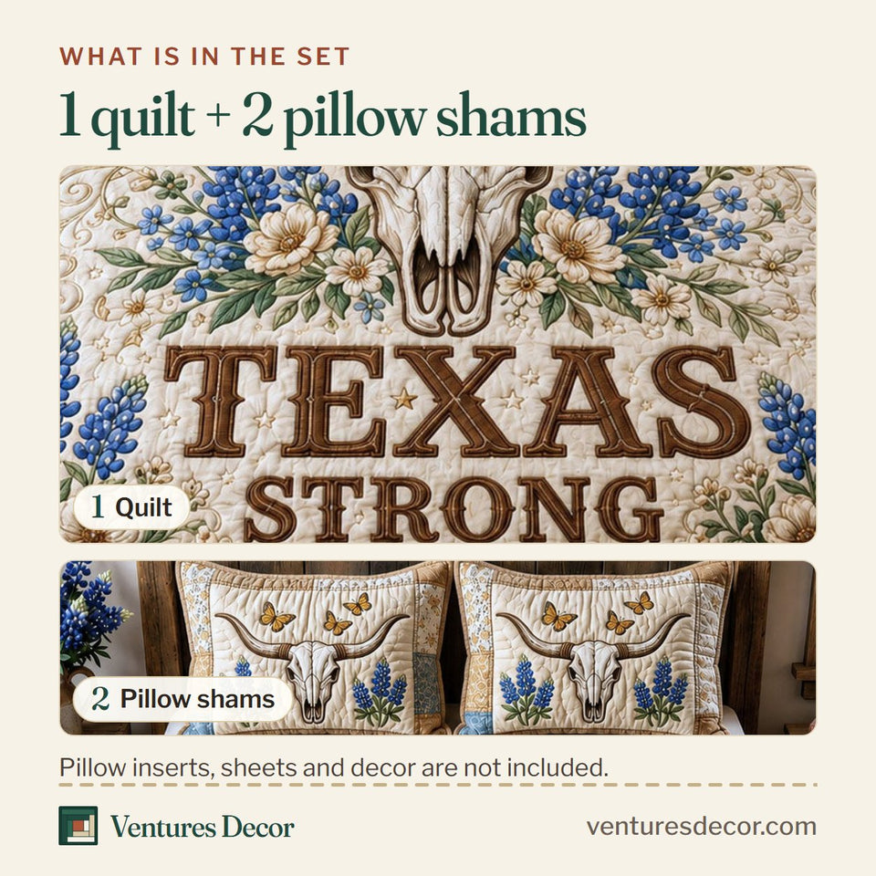 What is in the set: one quilt and two pillow shams, shown in the Longhorn Skull Texas Strong Bluebonnets design