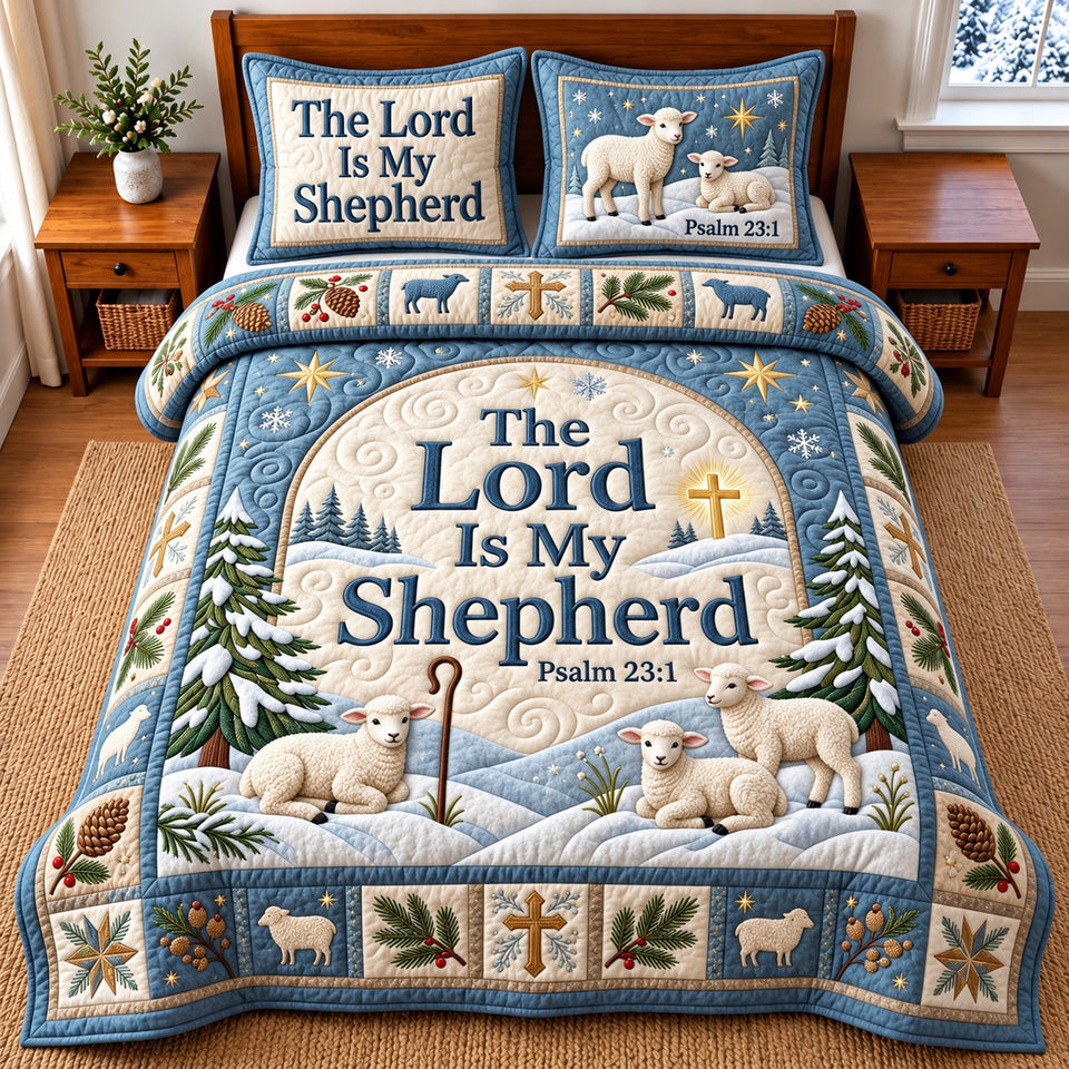 Lord Shepherd Christian quilted bedding set, quilt and two pillow shams on a made bed