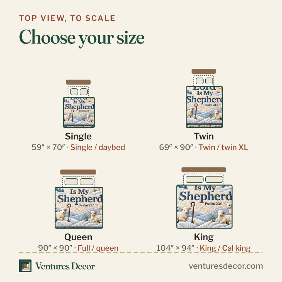 Size guide for the Lord Shepherd Christian Quilt Set, 3-Piece Quilted Bedding with 2 Pillow Shams quilt, top view to scale: Single 59 x 70 in, Twin 69 x 90 in, Queen 90 x 90 in, King 104 x 94 in