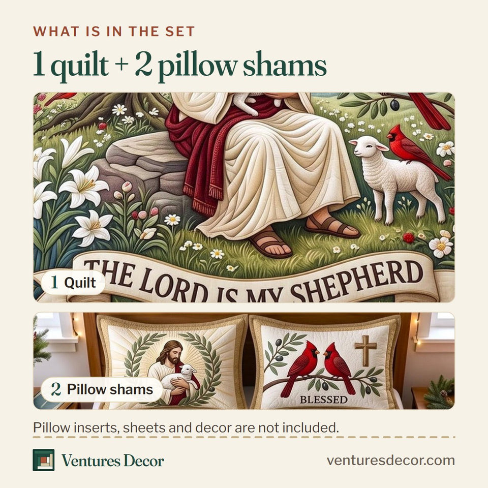What is in the set: one quilt and two pillow shams, shown in the Lord Shepherd design