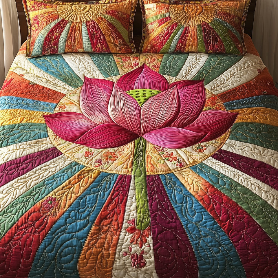 Lotus Grace quilted bedding set, quilt and two pillow shams on a made bed