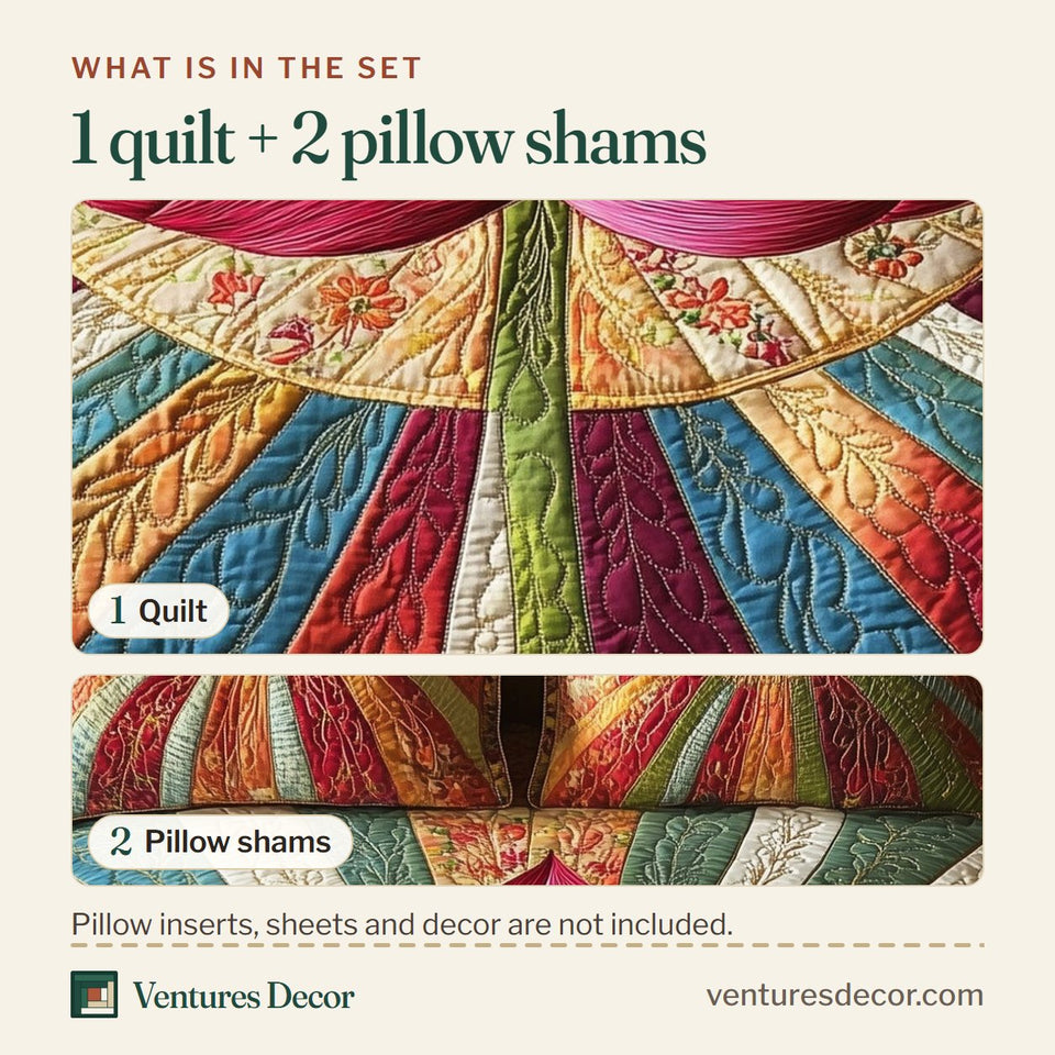 What is in the set: one quilt and two pillow shams, shown in the Lotus Grace design
