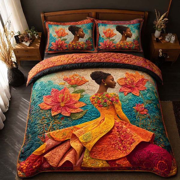 Lotus Muse quilted bedding set, quilt and two pillow shams on a made bed