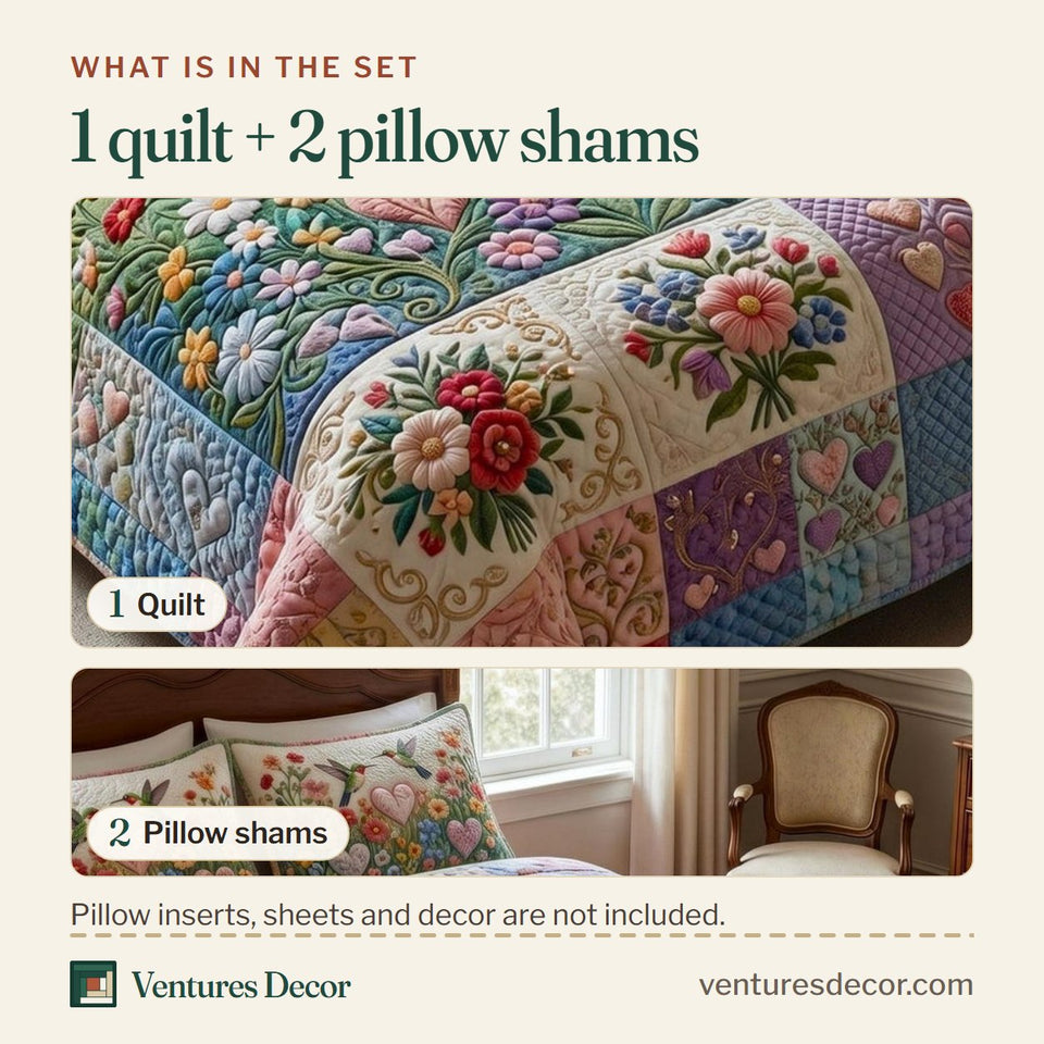 What is in the set: one quilt and two pillow shams, shown in the Love is Love design
