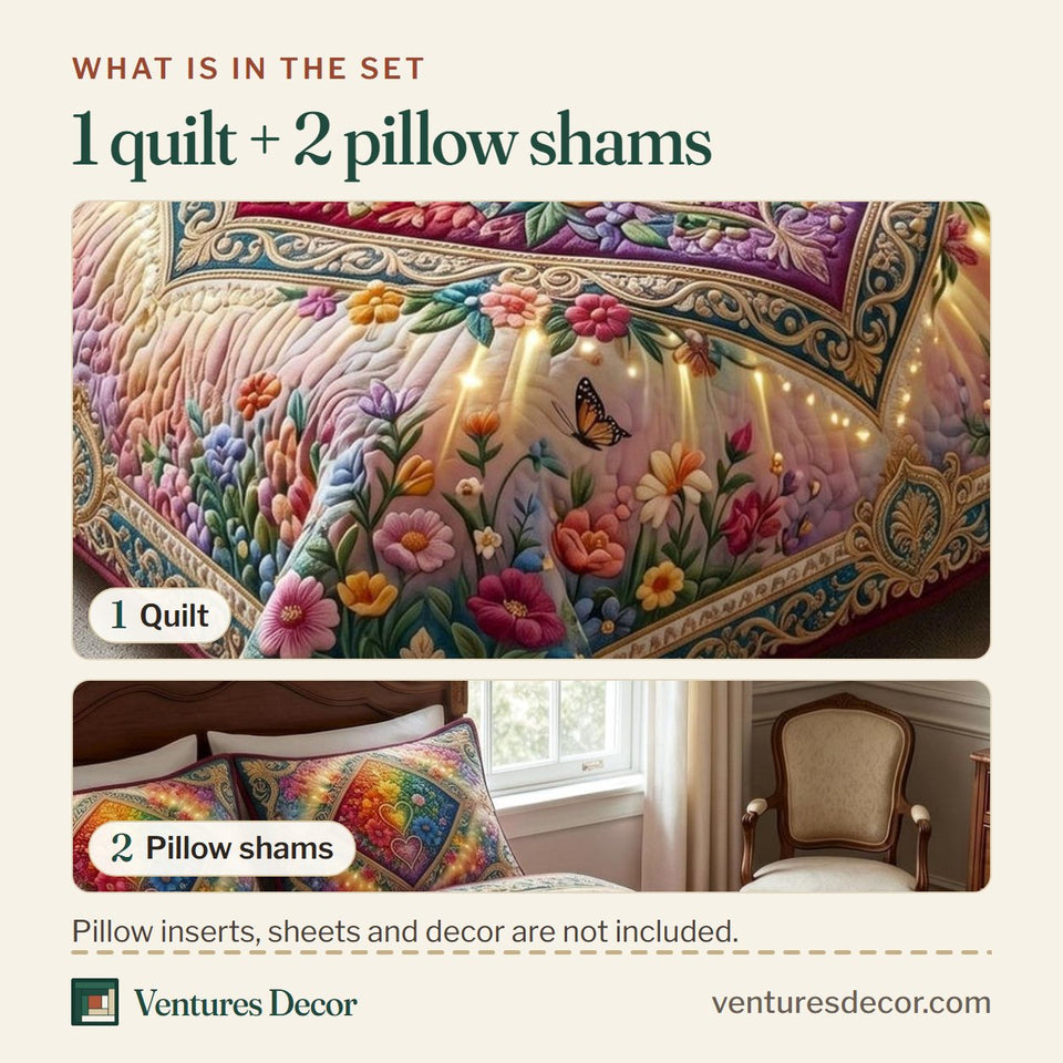 What is in the set: one quilt and two pillow shams, shown in the Love is Pride design