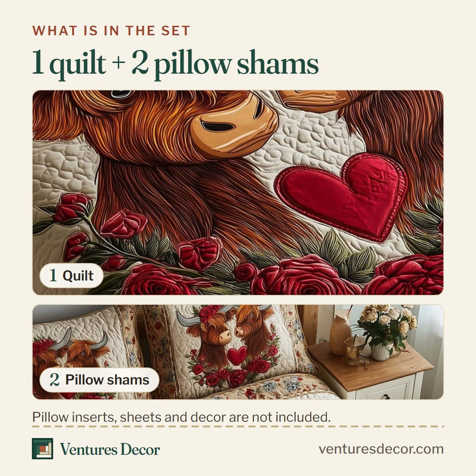 What is in the set: one quilt and two pillow shams, shown in the Lovebound Hearts Highland Cows and Roses design