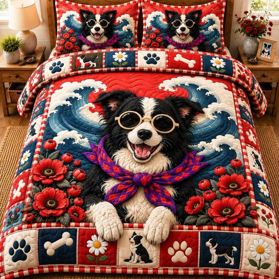 Loyal Border Collie quilted bedding set, quilt and two pillow shams on a made bed