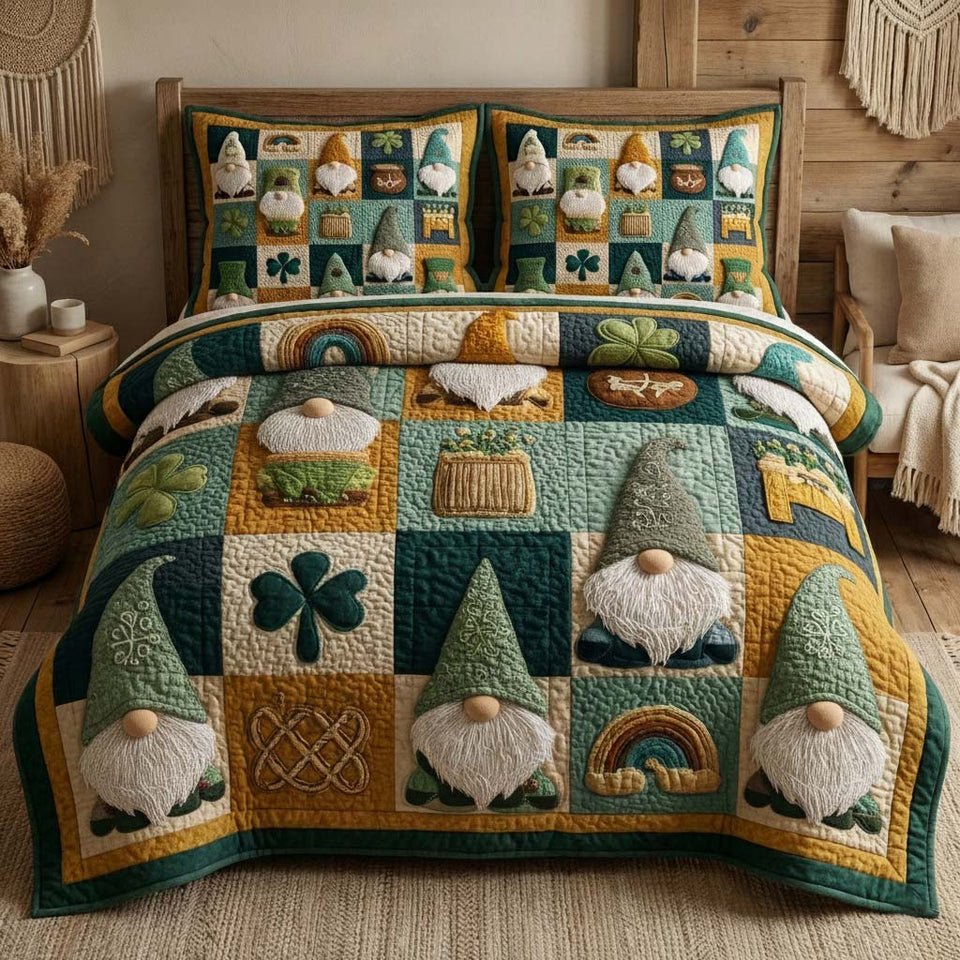 Lucky Gnomes quilted bedding set, quilt and two pillow shams on a made bed