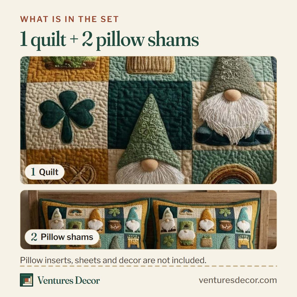 What is in the set: one quilt and two pillow shams, shown in the Lucky Gnomes design