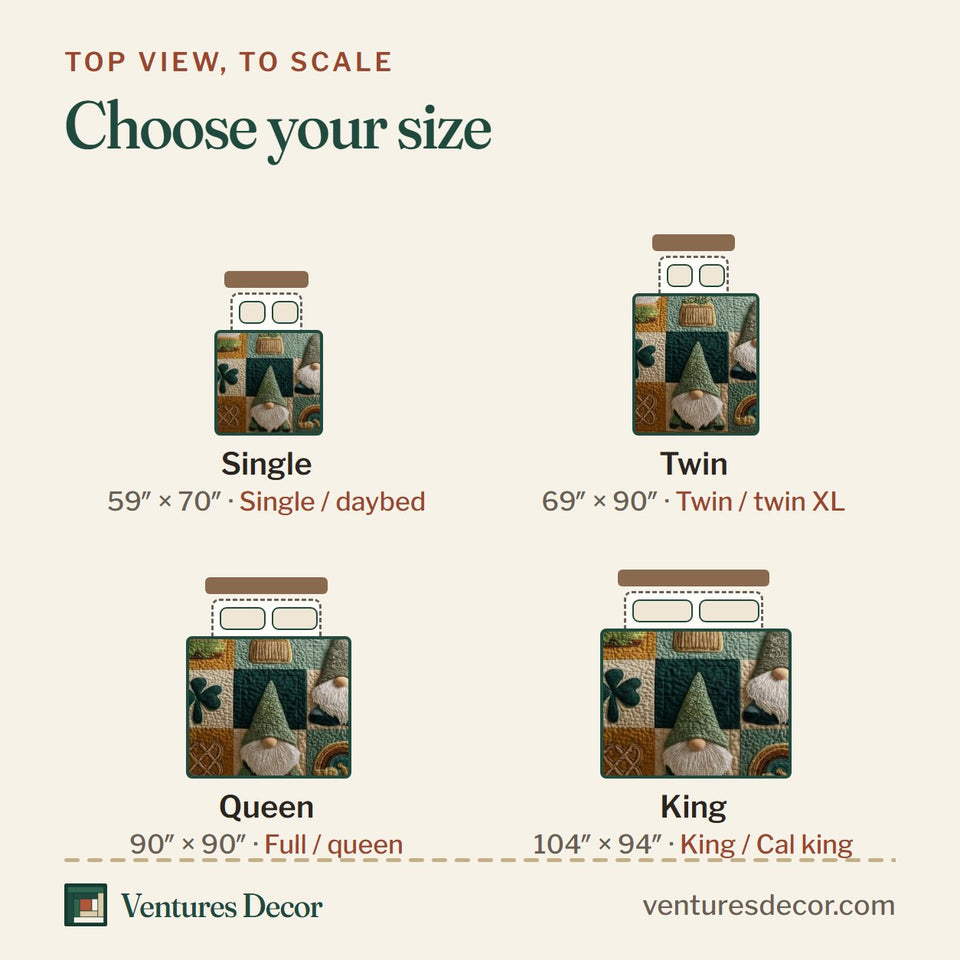 Size guide for the Lucky Gnomes quilt, top view to scale: Single 59 x 70 in, Twin 69 x 90 in, Queen 90 x 90 in, King 104 x 94 in