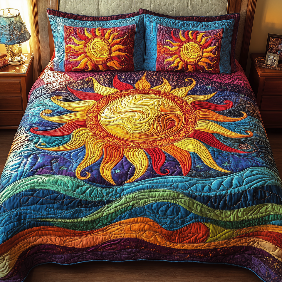Luminous Sunshine Red Gold Disc on Green Waves quilted bedding set, quilt and two pillow shams on a made bed