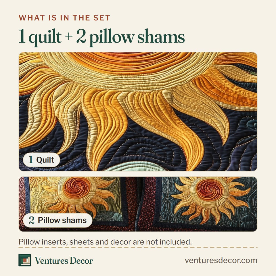 What is in the set: one quilt and two pillow shams, shown in the Luminous Sunshine Wavy Rays on Deep Navy design